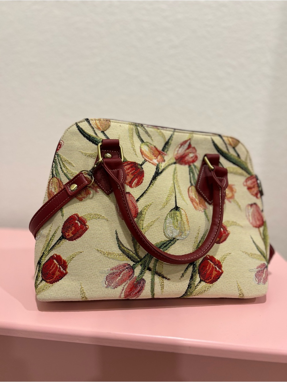 Floral Tulip Tapestry Satchel with Burgundy Trim
